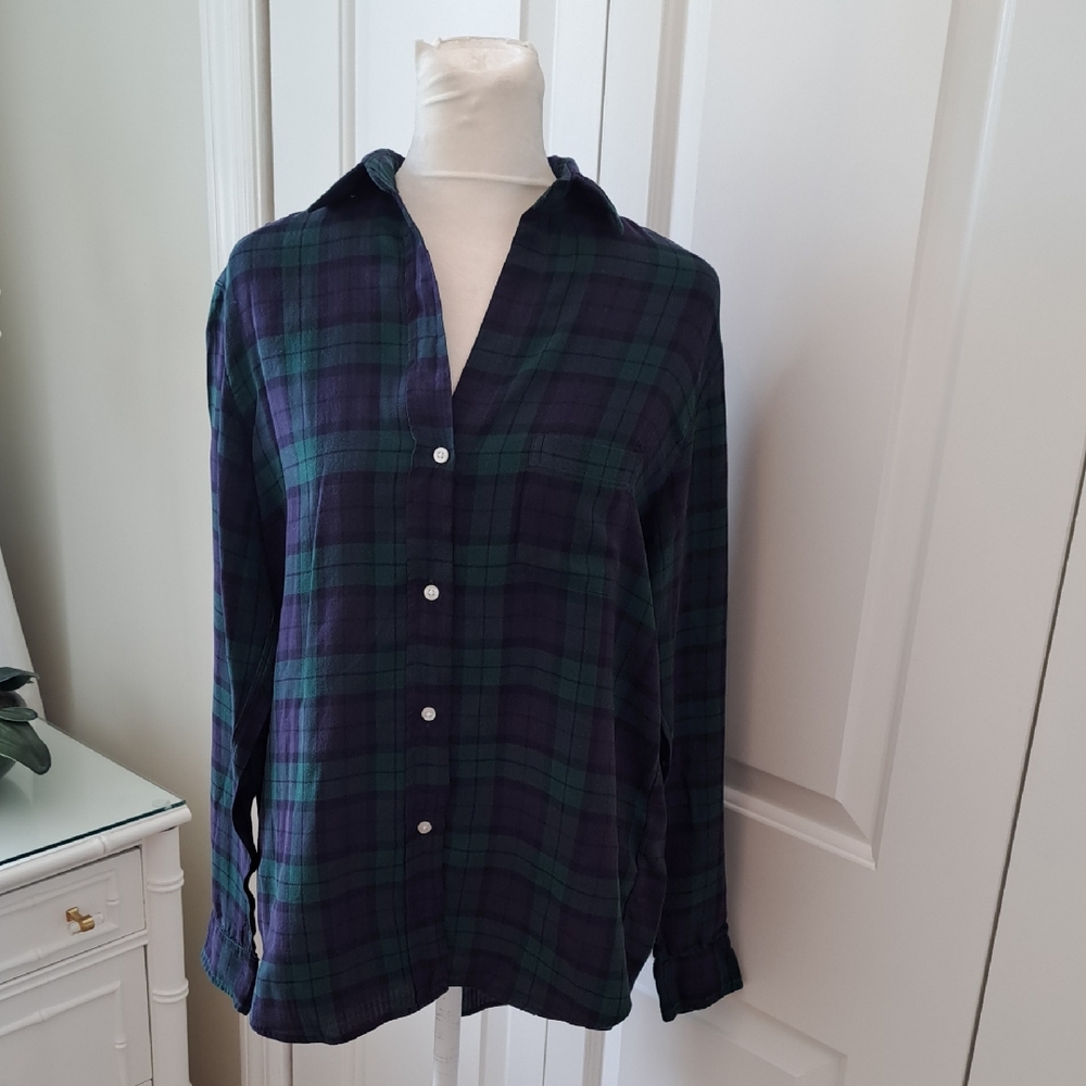Grayson‎ Womens The Hero Liquid Navy/Green Plaid Button Down Flannel Shirt SM/02